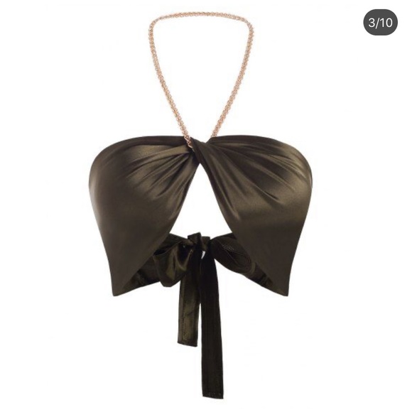 NEW Olive Silky Satin Wrap Chain Halter Crop Top - Picture 16 of 16